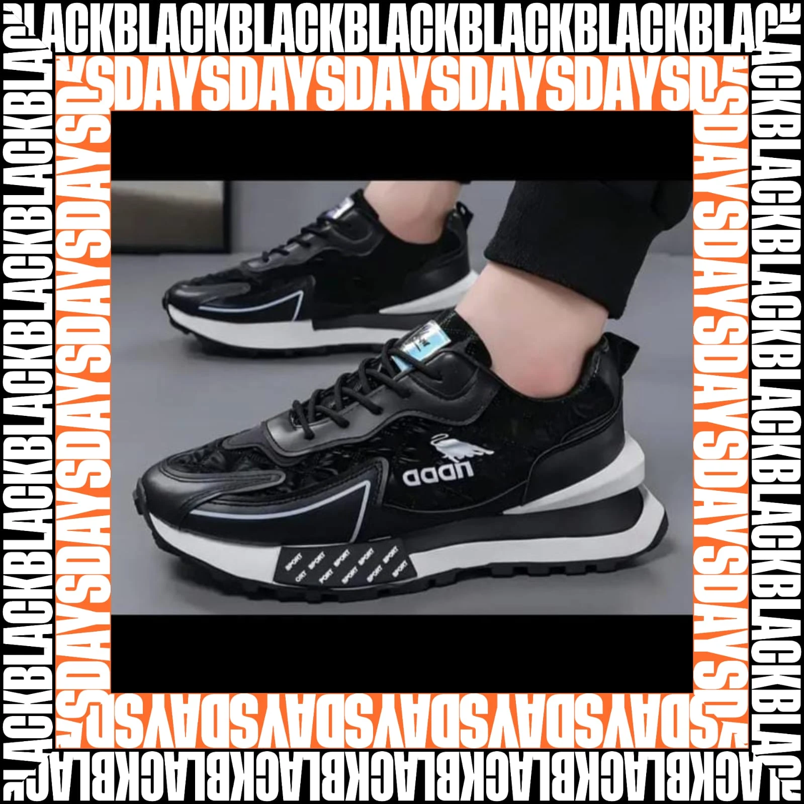 Zapatilla deportiva negra con detalles en blanco y gris, diseño retro con suela gruesa y logo visible en lateral. Vista frontal y lateral de modelo usado sobre piso gris.