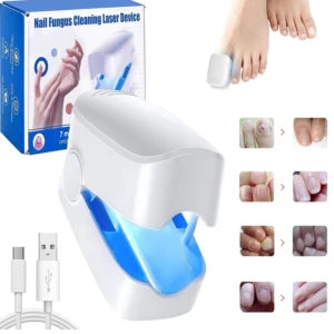 Láser blanco para tratamiento de micosis en uñas, con cable USB incluido y caja azul mostrando uso en manos y pies.