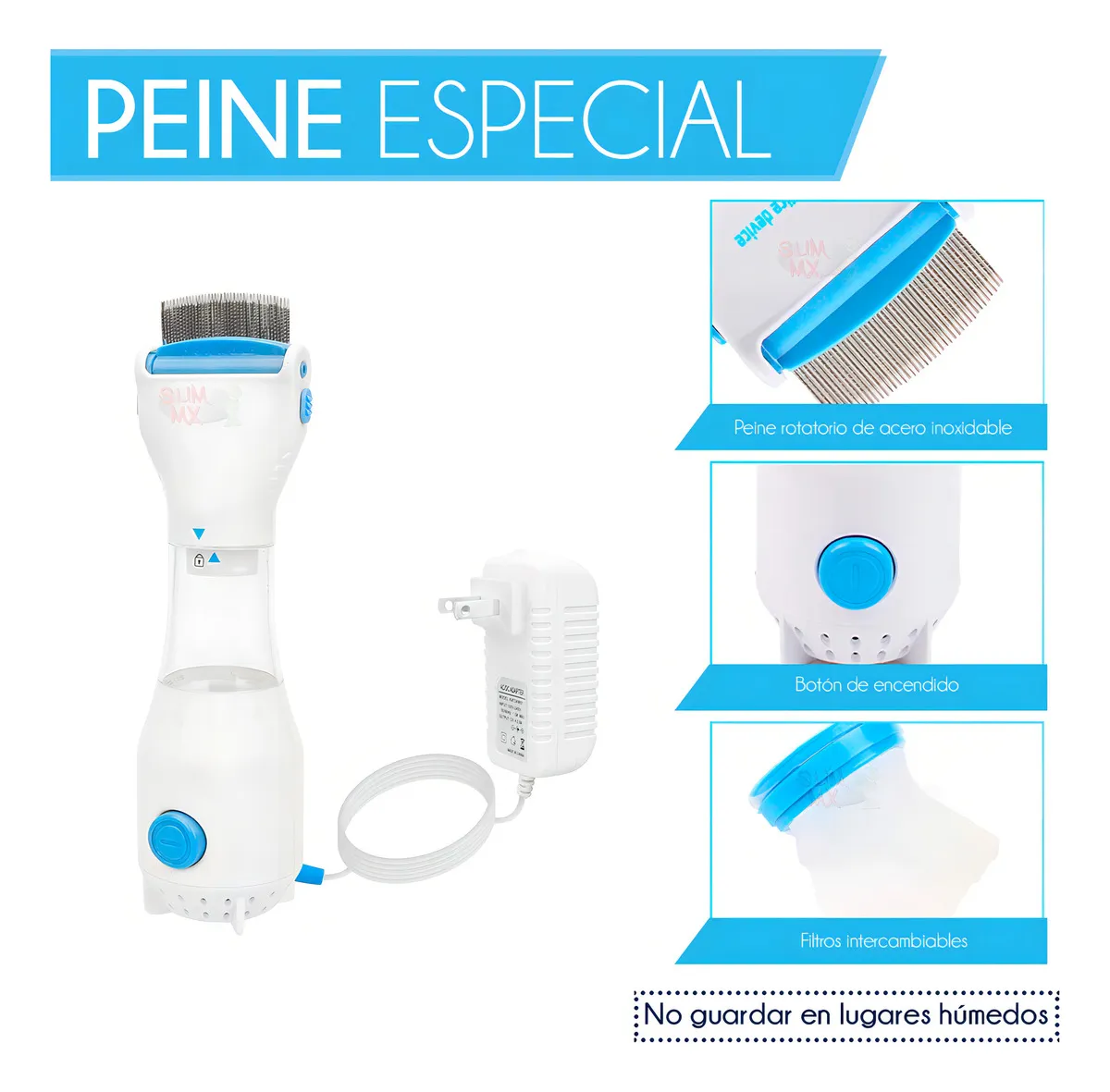Cepillo eléctrico aspirador blanco con base de agua, cabezal rotatorio de acero inoxidable y filtro intercambiable. Incluye cargador.