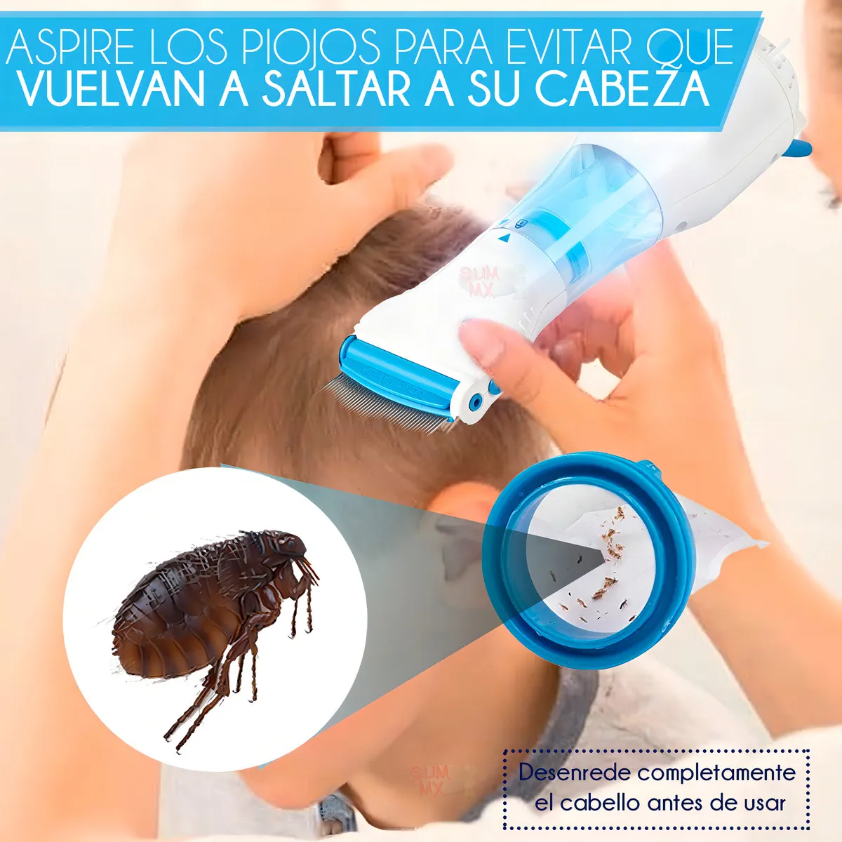 Cepillo eléctrico aspirador blanco y azul en uso sobre cabello infantil, con filtro azul mostrando piojos y liendres aspirados; incluye de parásito y texto en español sobre prevención.