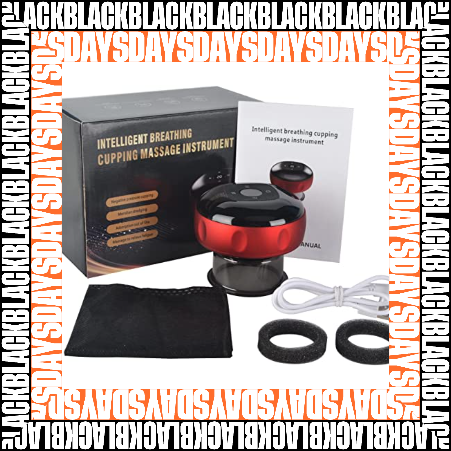 Ventosas eléctricas rojas y negras con base transparente, accesorio de carga USB, funda negra y dos anillos de silicona, presentadas junto a su caja y manual.
