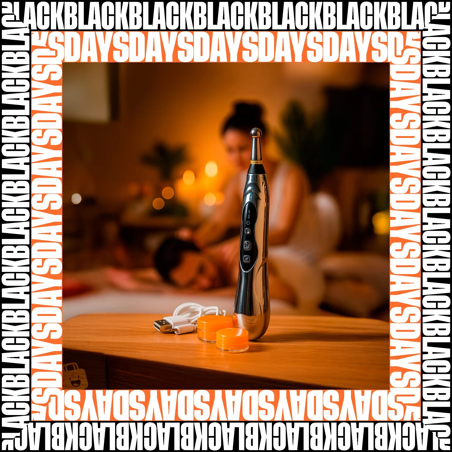 Lápiz acupuntura recargable negro con cabezal metálico, base de madera clara, cargador USB y dos cabezales intercambiables naranjas.