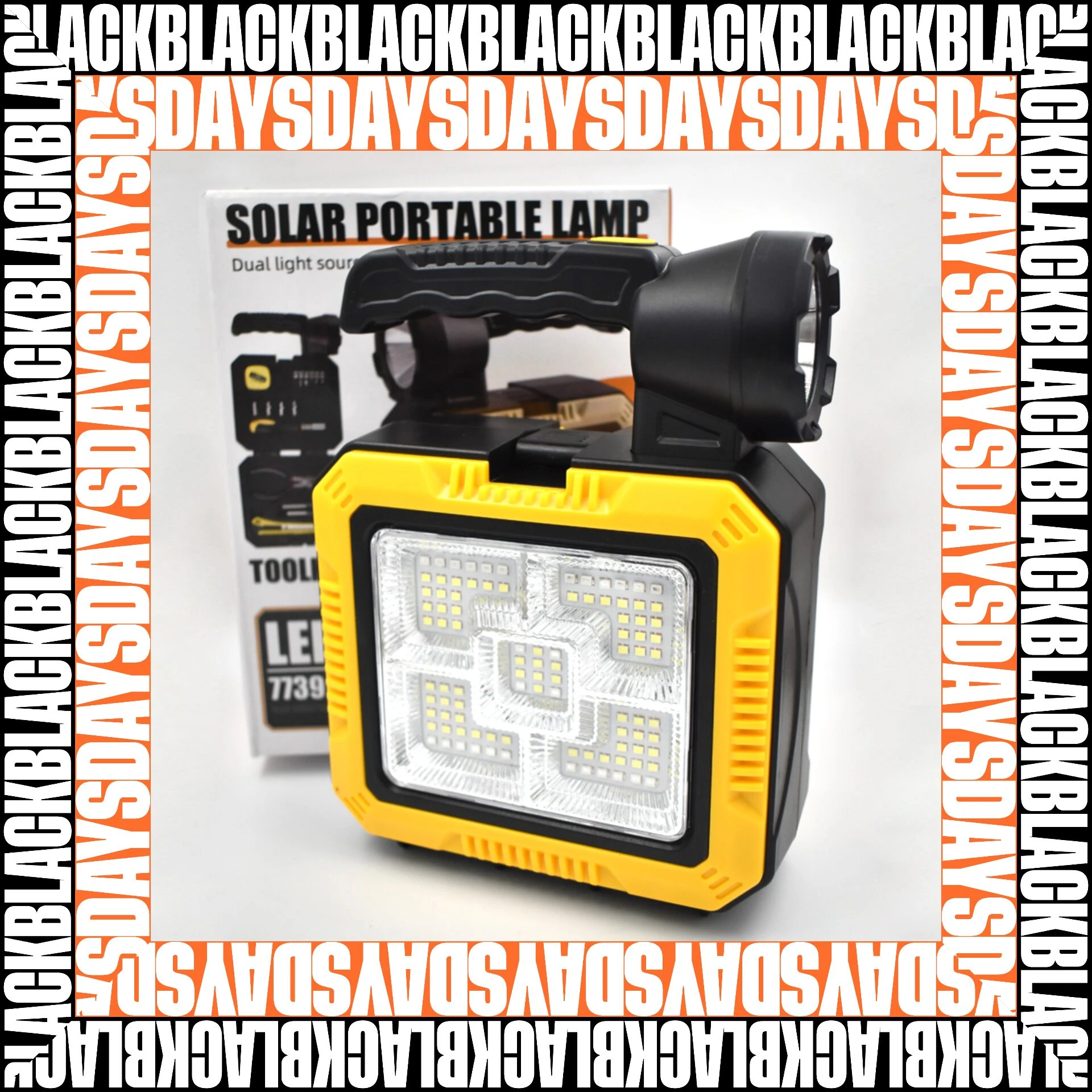 Lámpara solar portátil amarilla y negra con panel LED frontal, asa ergonómica y caja de embalaje visible al fondo.