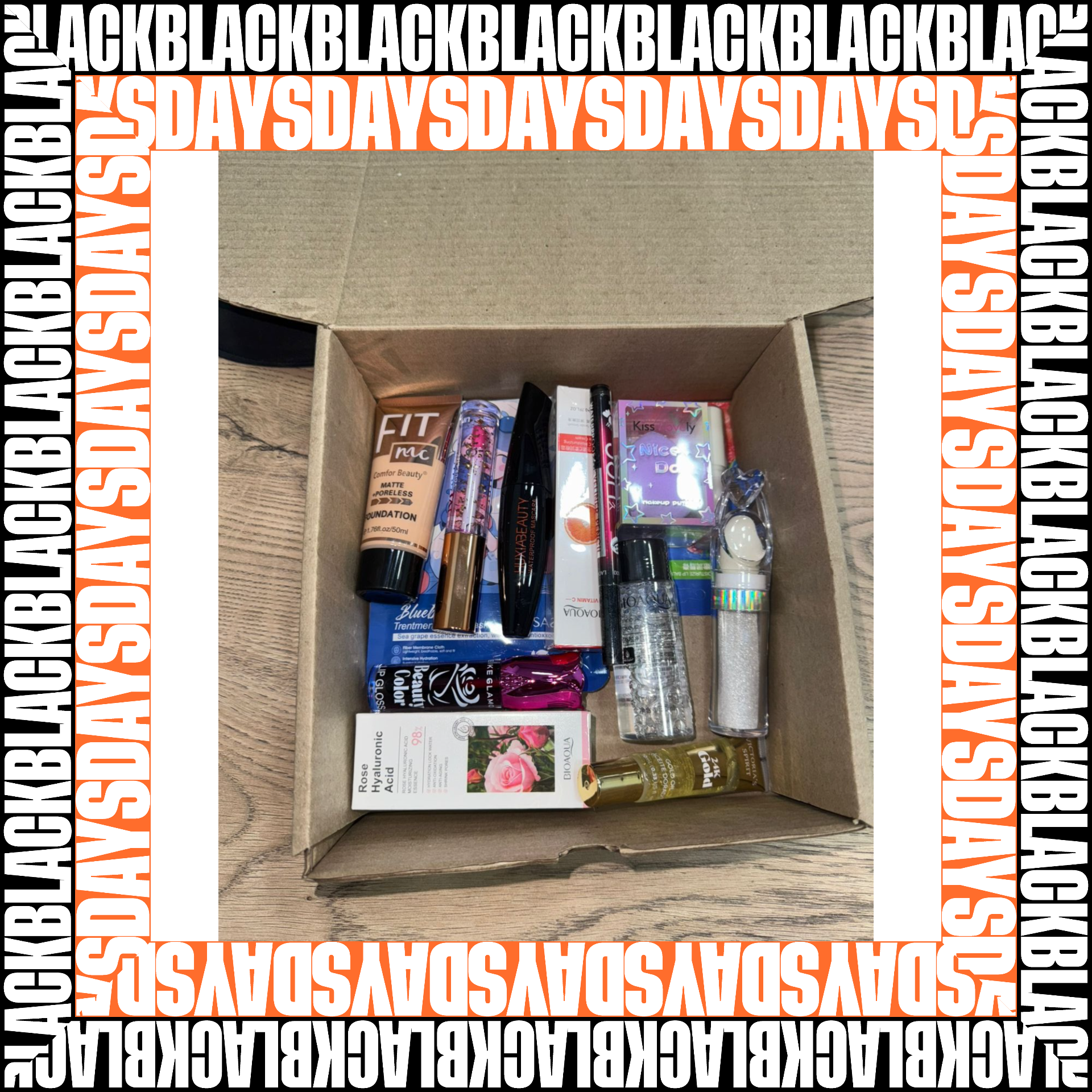Caja abierta mostrando variedad de productos de maquillaje y cuidado facial, incluyendo base, labiales, brochas y accesorios, dispuestos sobre fondo de madera.