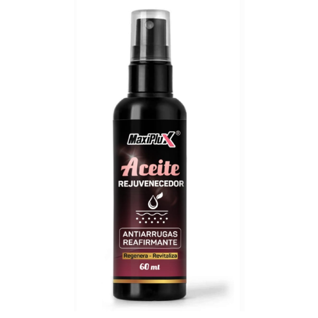 Botella negra de 60 ml del aceite rejuvenecedor MaxiPlux, con etiqueta que indica antiarrugas y reafirmante.