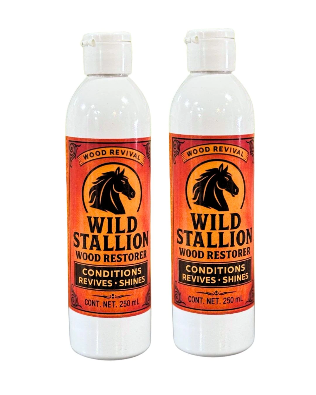 Dos botellas blancas de 250 mL del restaurador de madera Wild Stallion, con etiquetas naranjas que muestran un caballo negro y texto en inglés.