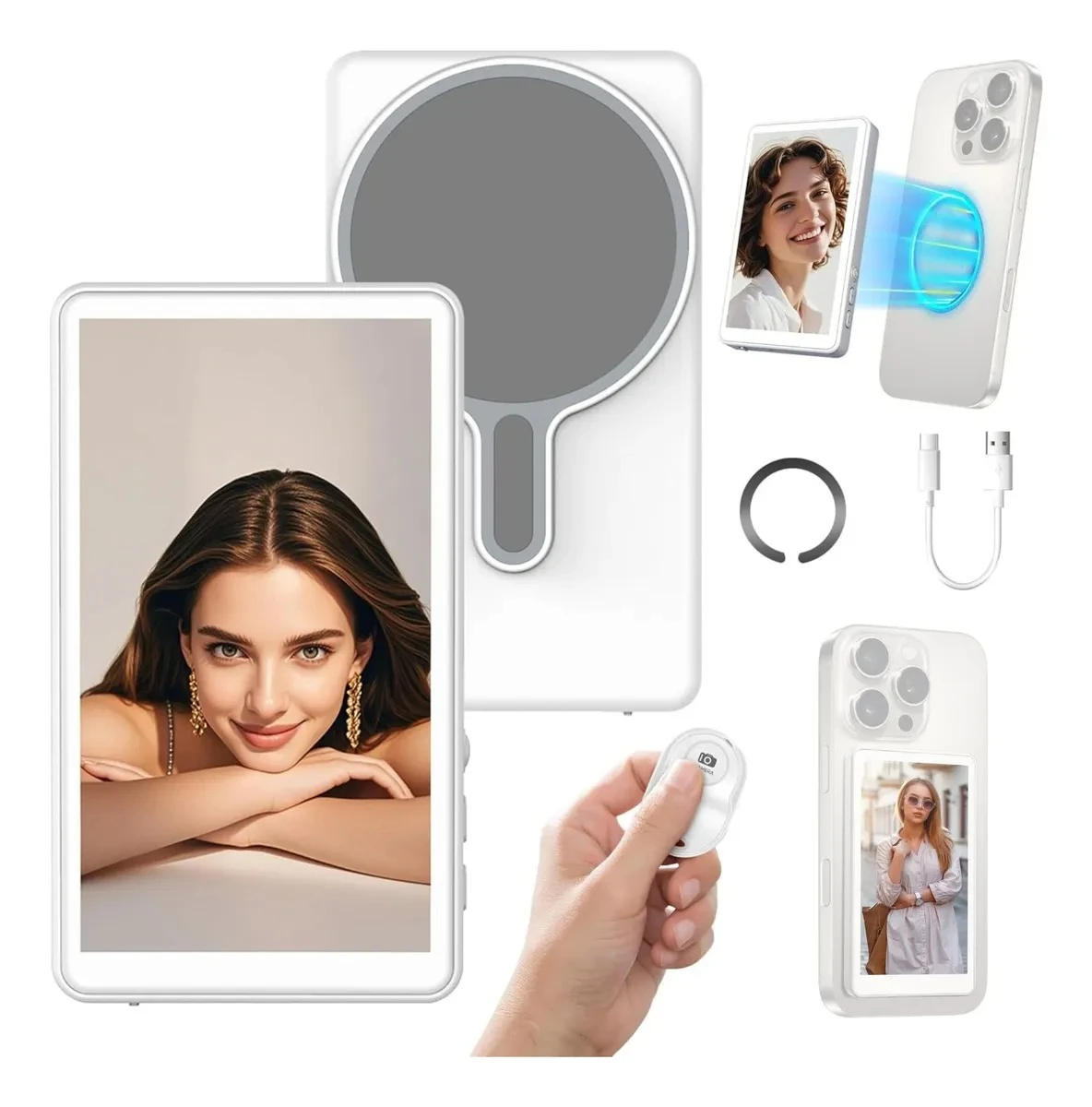 Set de espejo selfie con pantalla LED, soporte magnético para celular, cargador USB y control remoto. Incluye funda protectora y anillo de montaje.