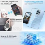 Selfie Pantalla con luz ajustable y rotación 180 grados, mostrando diseño compacto, batería de 1800 mAh y conexión magnética para uso portátil.