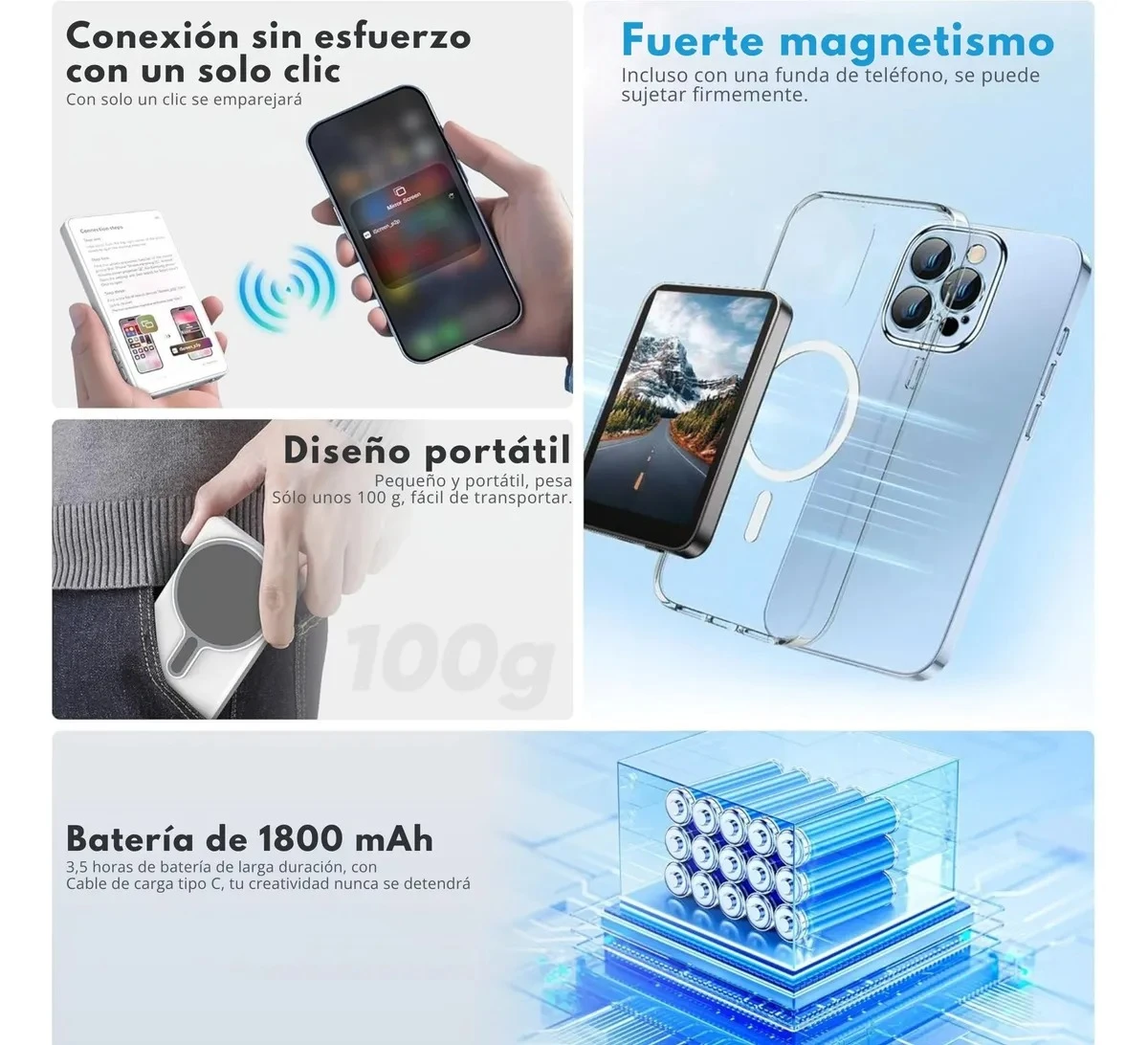 Selfie Pantalla con luz ajustable y rotación 180 grados, mostrando diseño compacto, batería de 1800 mAh y conexión magnética para uso portátil.