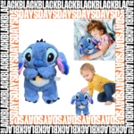 Peluche Stitch azul de peludidad suave con orejas móviles, acompañado de niño durmiendo y otro jugando, ideal para conciliar el sueño.