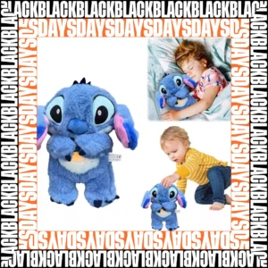 Peluche Stitch azul de peludidad suave con orejas móviles, acompañado de niño durmiendo y otro jugando, ideal para conciliar el sueño.