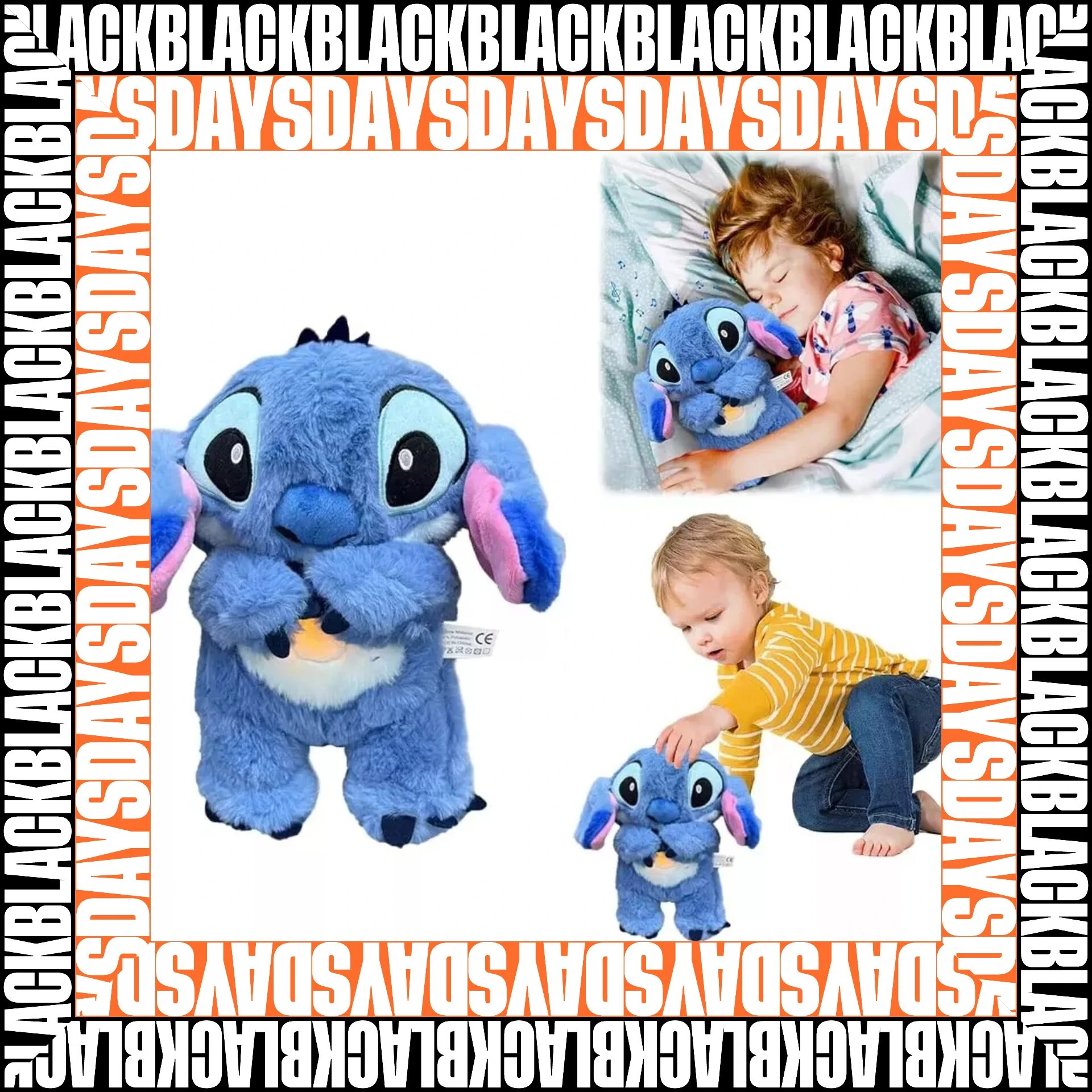 Peluche Stitch azul de peludidad suave con orejas móviles, acompañado de niño durmiendo y otro jugando, ideal para conciliar el sueño.