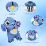 Peluche Stitch azul con luz suave en pecho, botones funcionales y orejas móviles para calmar y ayudar a dormir.