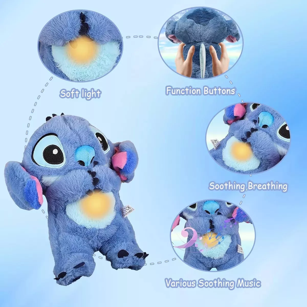 Peluche Stitch azul con luz suave en pecho, botones funcionales y orejas móviles para calmar y ayudar a dormir.