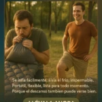 Colchoneta inflable gris con textura acolchada, siendo soplada por un hombre en bosque; otro sonríe al lado. Ideal para acampar, ligera y compacta.