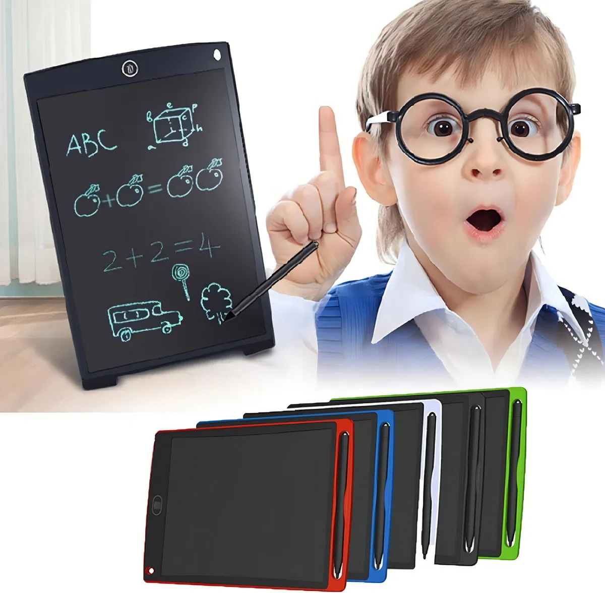 Tablero magnético negro de 12 pulgadas con escritura en luz azul, acompañado de niño con gafas señalando la pantalla; abajo se muestran variantes en rojo, azul, blanco y verde.