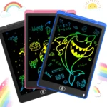 Set de dos tableros mágicos de 12 pulgadas con bordes en azul, rosa y negro, mostrando dibujos de tiburón, rayas y mensajes escritos en verde neón sobre pantalla negra.