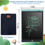Tablero mágico de 12 pulgadas con funda protectora azul oscuro, mostrando medidas de 11.2 x 7.5 pulgadas y diseño de rosa dibujada en pantalla.