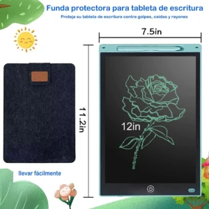 Tablero mágico de 12 pulgadas con funda protectora azul oscuro, mostrando medidas de 11.2 x 7.5 pulgadas y diseño de rosa dibujada en pantalla.