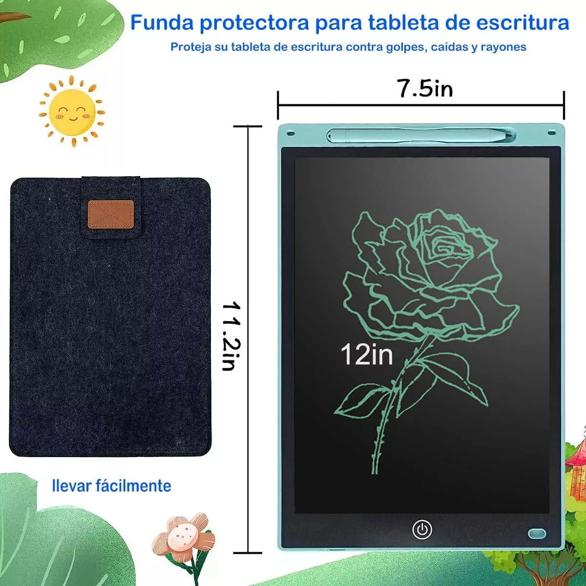 Tablero mágico de 12 pulgadas con funda protectora azul oscuro, mostrando medidas de 11.2 x 7.5 pulgadas y diseño de rosa dibujada en pantalla.