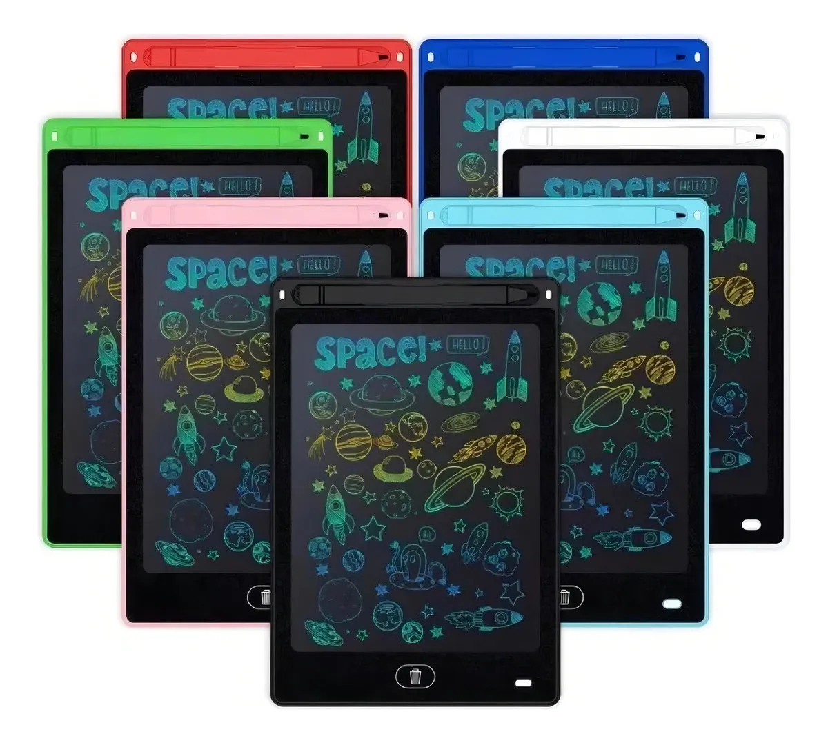 Set de dos tableros mágicos de 12 pulgadas en colores variados, con diseños espaciales y botones para dibujar y borrar.