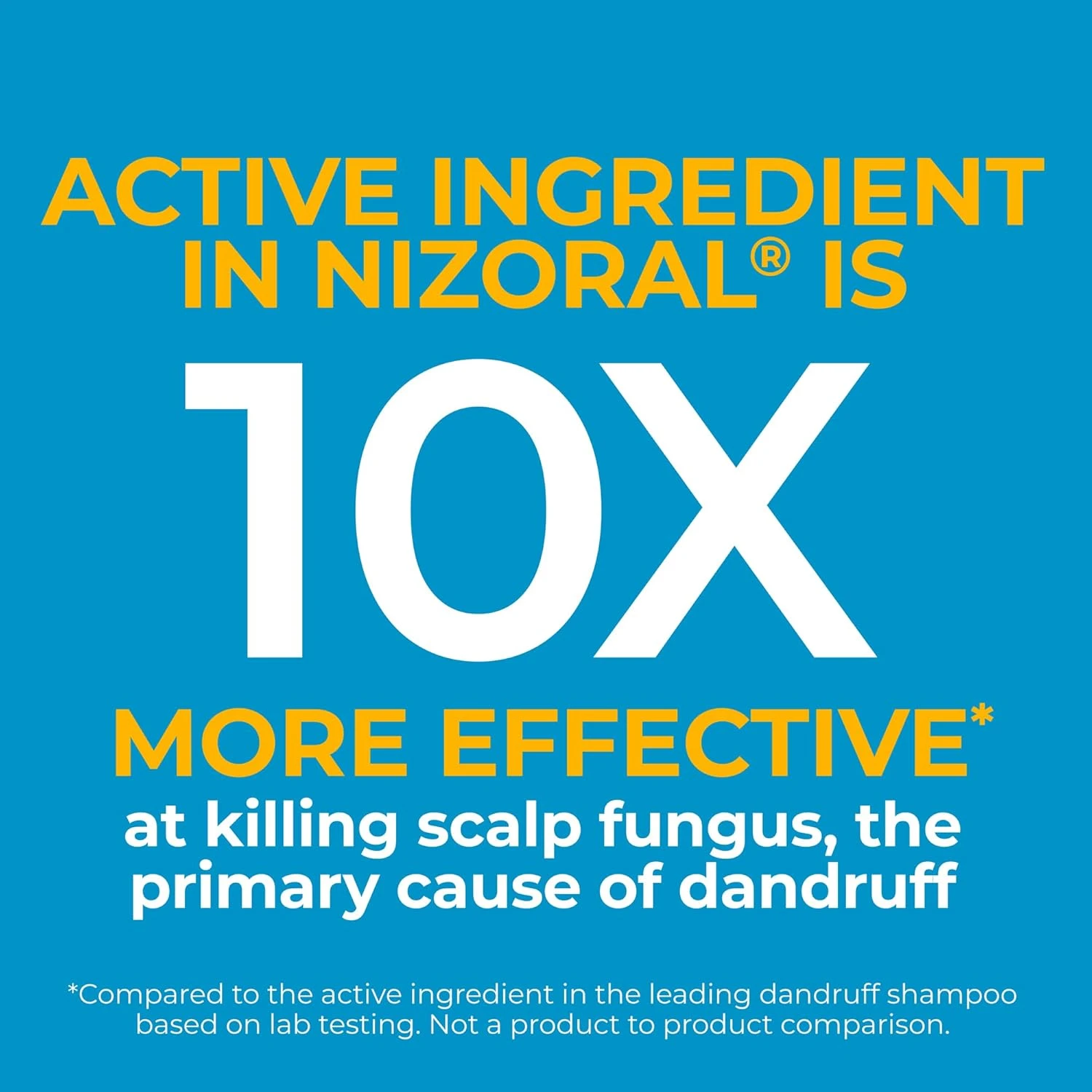 Texto ALT: promocional en azul con texto amarillo y blanco que indica que el ingrediente activo de Nizoral es 10 veces más efectivo contra hongos del cuero cabelludo.