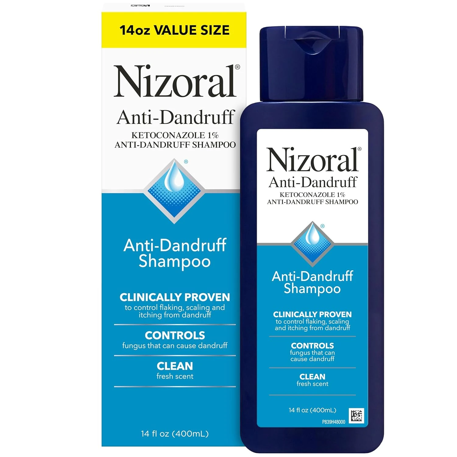 Champú medicado Nizoral con ketoconazol al 1% en presentación de 14 oz (400 mL), con etiqueta azul y blanca, diseñado para combatir la caspa severa y aliviar la picazón del cuero cabelludo.