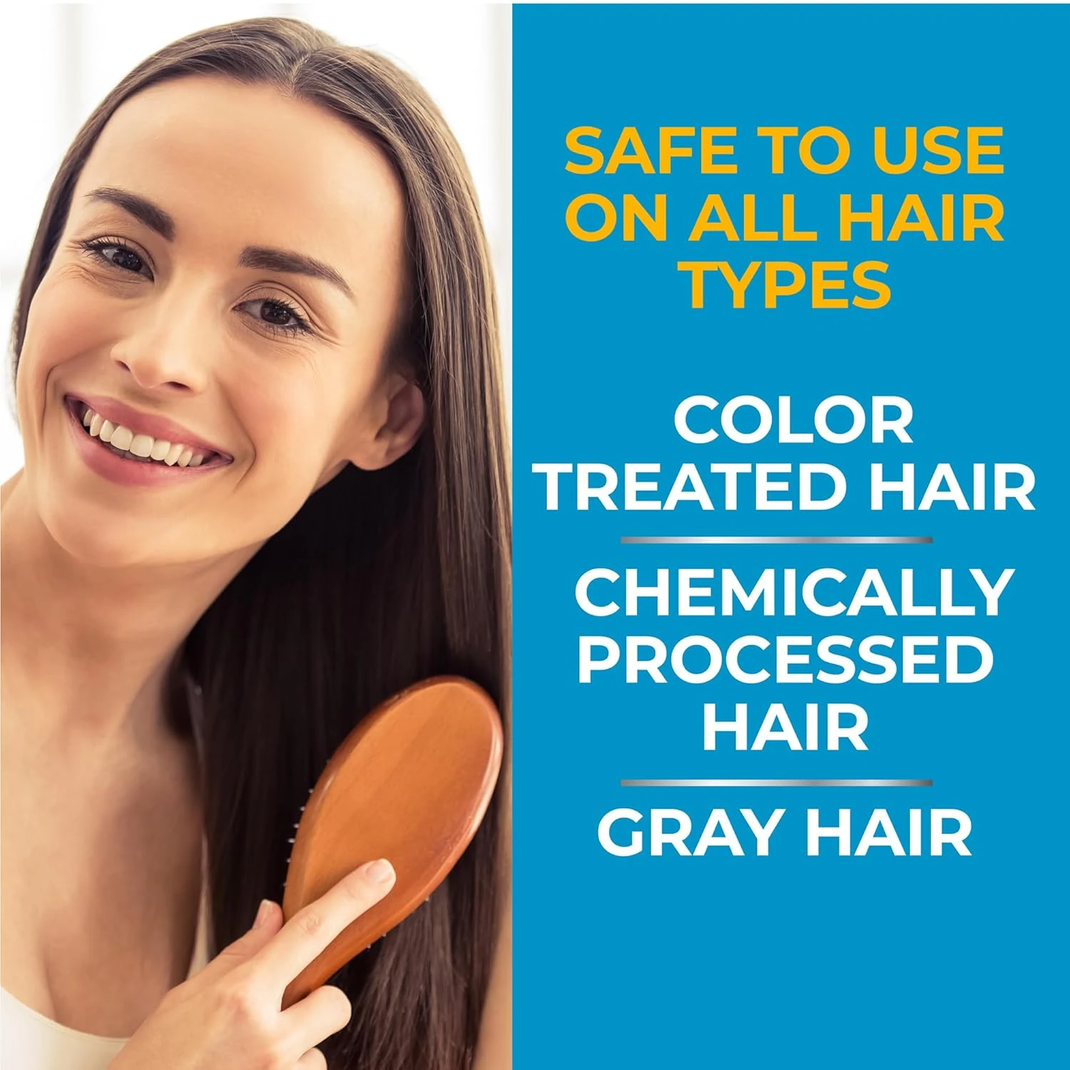 Mujer sonriendo con cabello largo y lacio, cepillándolo con peine de madera. Texto en azul indica compatibilidad con todo tipo de cabello, incluyendo teñido, químicamente tratado y canoso.