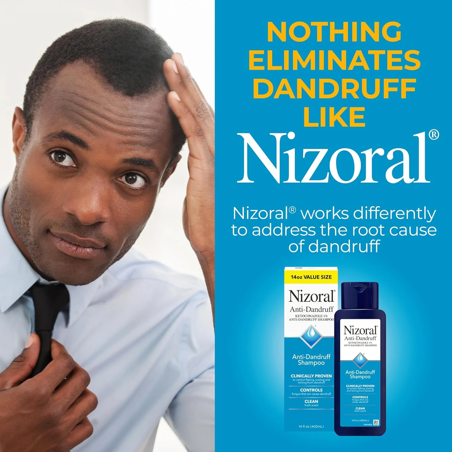 Hombre con camisa y corbata ajustándose el cabello, junto a champú Nizoral anti caspa en presentación de 16 oz, con etiqueta azul y texto blanco sobre fondo azul claro.