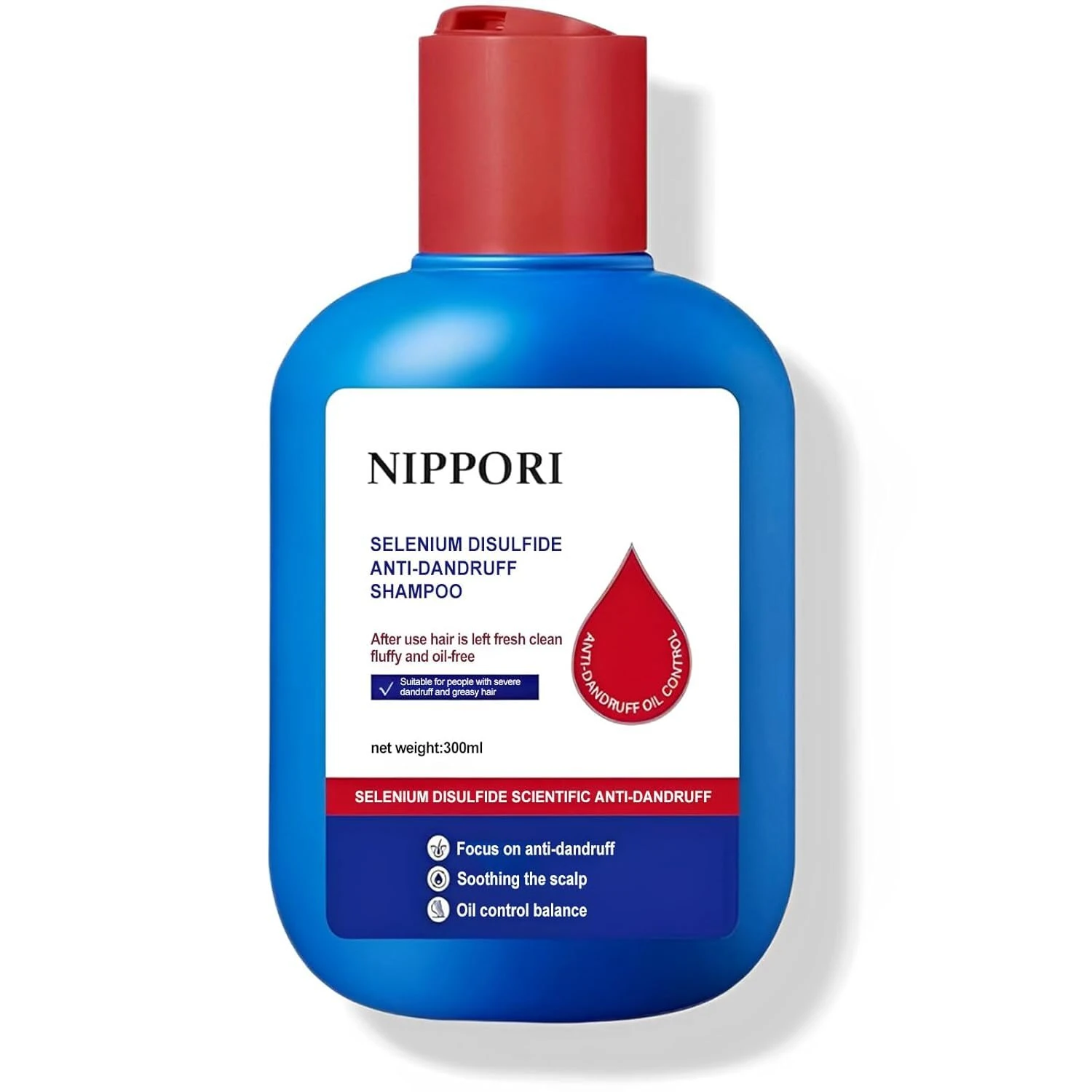 Botella azul de 300 ml de champú Nippori anti caspa con tapa roja, etiqueta blanca con texto negro y rojo, gota roja decorativa y lista de beneficios en azul.