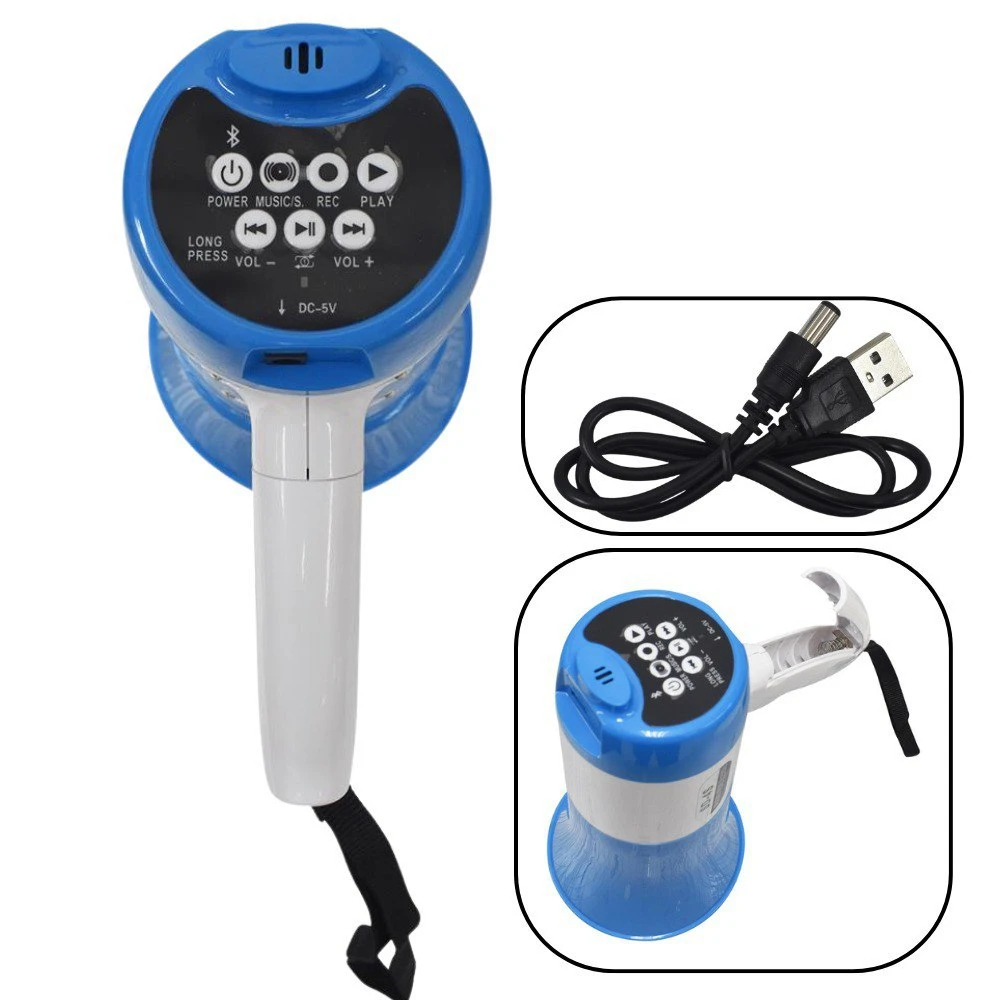 Megáfono recargable azul con panel de control, cable USB y funda de transporte. Incluye botón de encendido, controles de volumen y entrada para tarjeta SD.