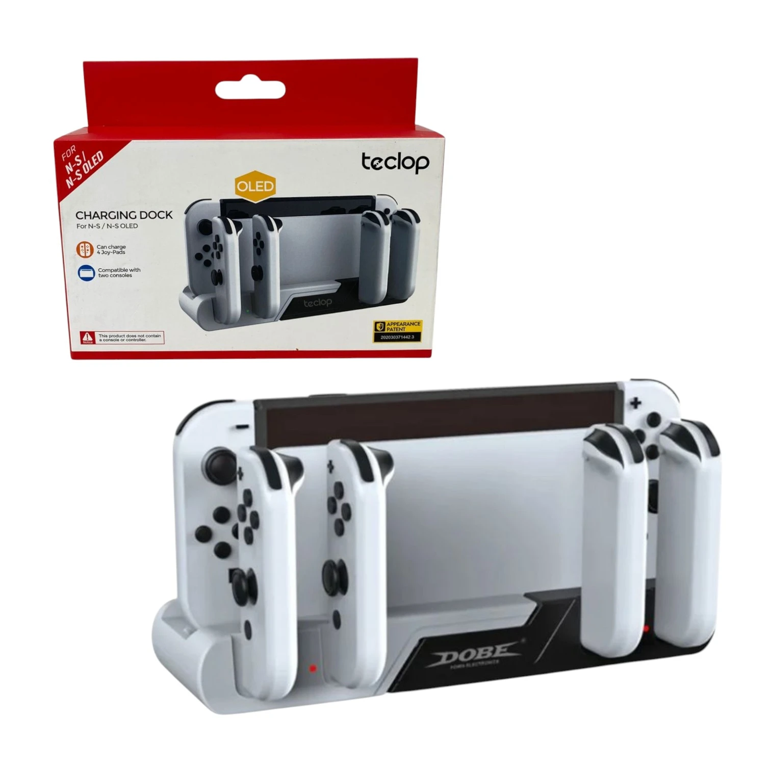 Base de carga para Nintendo Switch OLED en color blanco, con dos mandos Joy-Con insertados y dos espacios adicionales libres, mostrando el logotipo DOBE en la parte frontal.