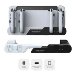 Base de carga DOBE para Nintendo Switch OLED en blanco y negro, con cuatro posiciones para mandos Joy-Con y ranura para tarjetas de juego.