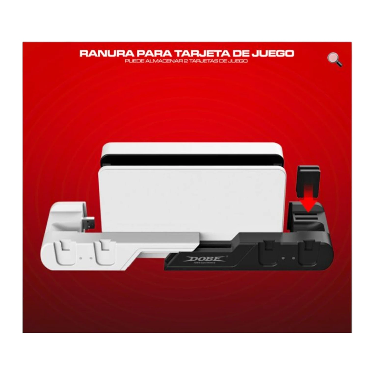 Base de carga para Nintendo Switch OLED en blanco y negro, con ranura para tarjeta de juego y soporte para cuatro mandos Joy-Con.