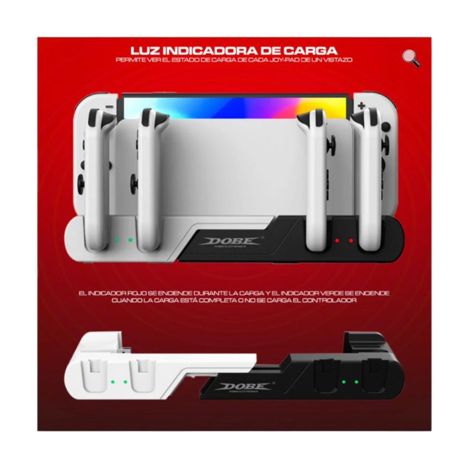 Base de carga para Nintendo Switch OLED con soporte para cuatro mandos Joy-Con, en blanco y negro, con indicadores LED visibles.
