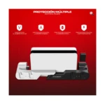 Base de carga para Nintendo Switch OLED en blanco y negro, con cuatro puertos para mandos Joy-Con y protección múltiple contra sobretensiones.