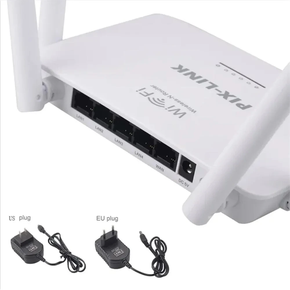 Router blanco Pixlink con dos antenas, cuatro puertos LAN y entrada DC 9V; incluye cargadores US y EU.