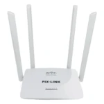 Router blanco Pix-Link con cuatro antenas externas, diseño compacto y logotipo visible en la parte superior frontal.