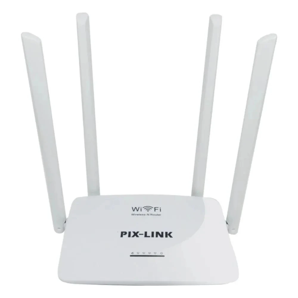 Router blanco Pix-Link con cuatro antenas externas, diseño compacto y logotipo visible en la parte superior frontal.
