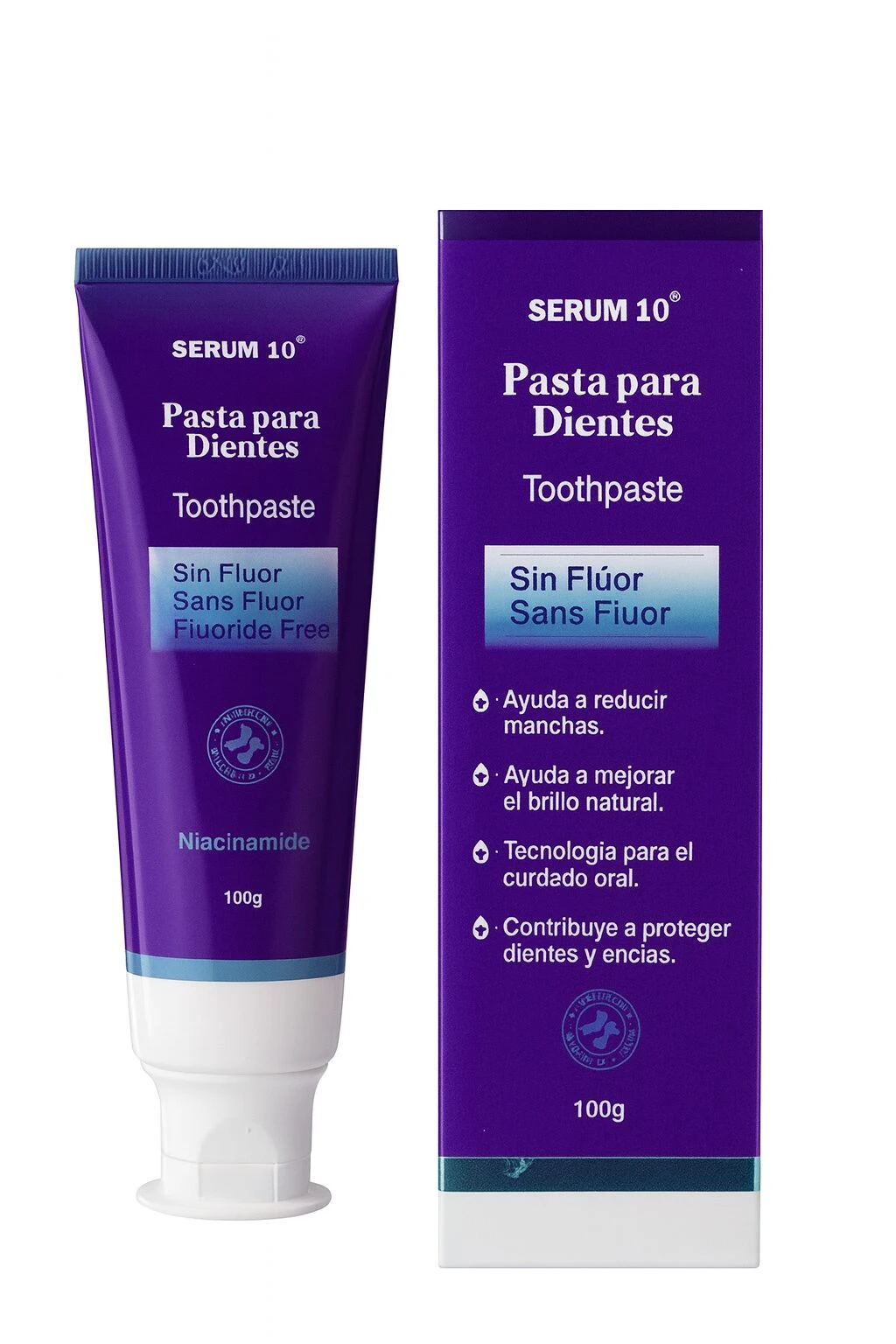 Tubo y caja de pasta dental Serum 10 con niacinamida, sin flúor, color morado, 100g.