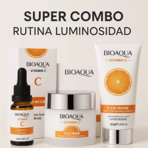Set de cuidado facial Bioaqua con vitamina C: suero, crema y limpiador en presentación blanca con detalles naranjas, acompañado de cajas y frasco de vidrio ámbar.