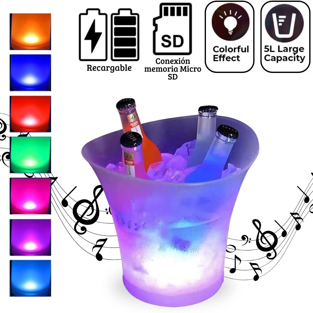 Hielera parlante 5 litros recargable con luces RGB - Mantiene bebidas frías y reproduce música sin cables