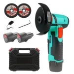 Pulidora angular inalámbrica de 12V en color turquesa con mango ergonómico, incluye dos discos de corte de 3 pulgadas, dos baterías recargables, llave Allen y estuche de transporte negro.