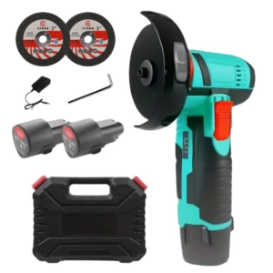 Pulidora angular inalámbrica de 12V en color turquesa con mango ergonómico, incluye dos discos de corte de 3 pulgadas, dos baterías recargables, llave Allen y estuche de transporte negro.