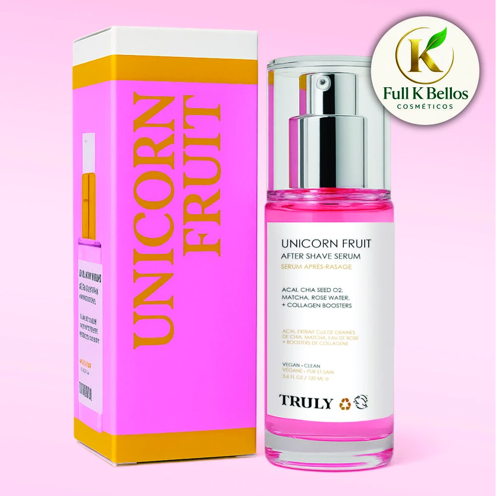 Serum Truly Unicorn Fruit en presentación rosa con caja, para uso postafeitado. Incluye ingredientes como té verde y colágeno.