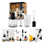 Batidora de mano Sokany 4 en 1, modelo SK-1711-4, 1000W. Incluye batidor, procesador, vaso medidor y accesorio para batir. Presentación con caja y accesorios dispuestos sobre fondo blanco.