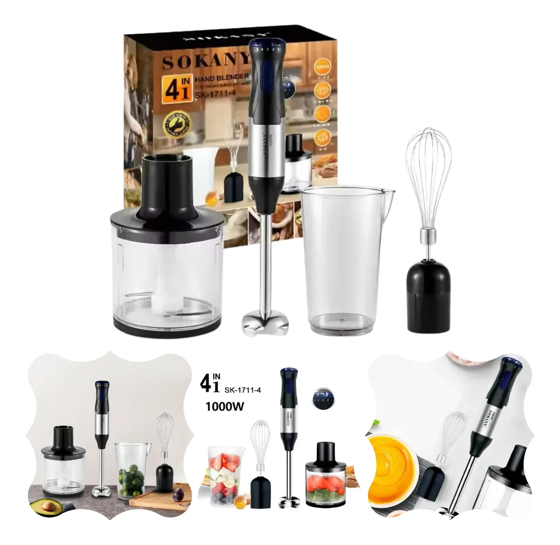 Batidora de mano Sokany 4 en 1, modelo SK-1711-4, 1000W. Incluye batidor, procesador, vaso medidor y accesorio para batir. Presentación con caja y accesorios dispuestos sobre fondo blanco.