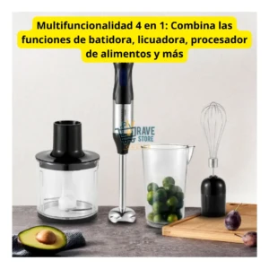 Batidora de mano Sokany 4 en 1 con accesorios: procesador, vaso medidor con brócoli, batidor de alambre y base negra. Diseño ergonómico con mango azul y plateado. Incluye aguacate y ciruelas sobre tabla de madera.