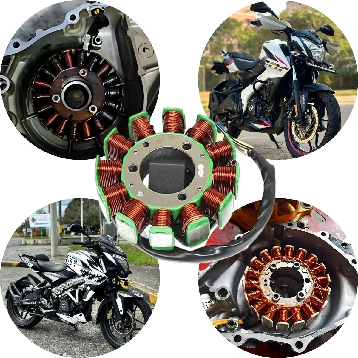 Plato bobinas Varroc original KTM 200, con bobinas de cobre y base metálica, mostrando detalles internos y montaje en motocicleta.