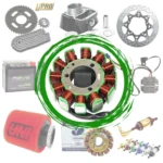 Kit de mantenimiento para KTM 200 con bobina Varroc, filtro de aire rojo, batería Revo, cadena, piñón, disco de freno, carburador y repuestos adicionales.